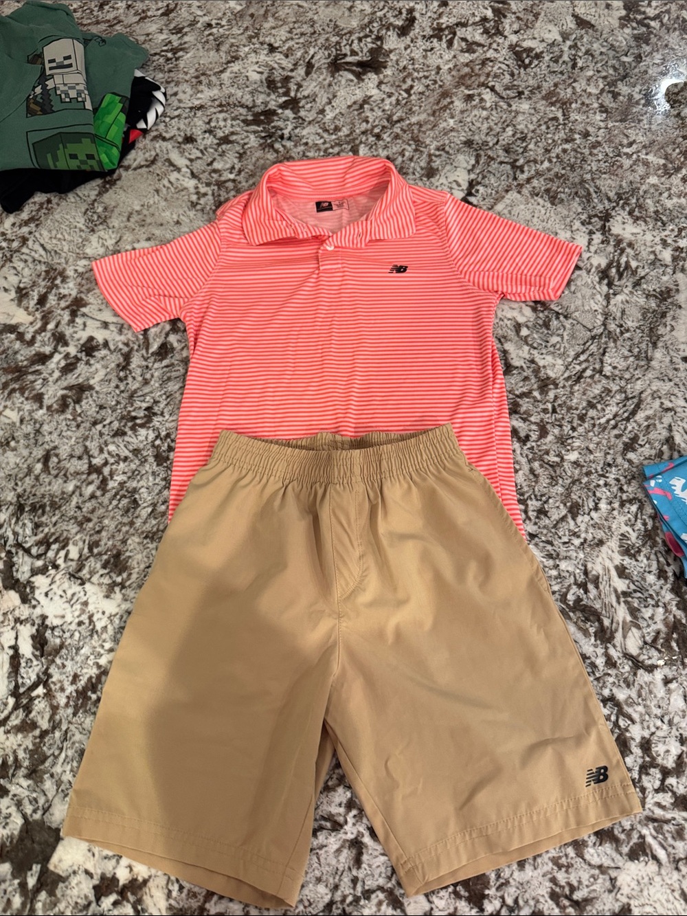 New Balance Coral & White Striped Polo with Khaki Shorts Set performance fabric